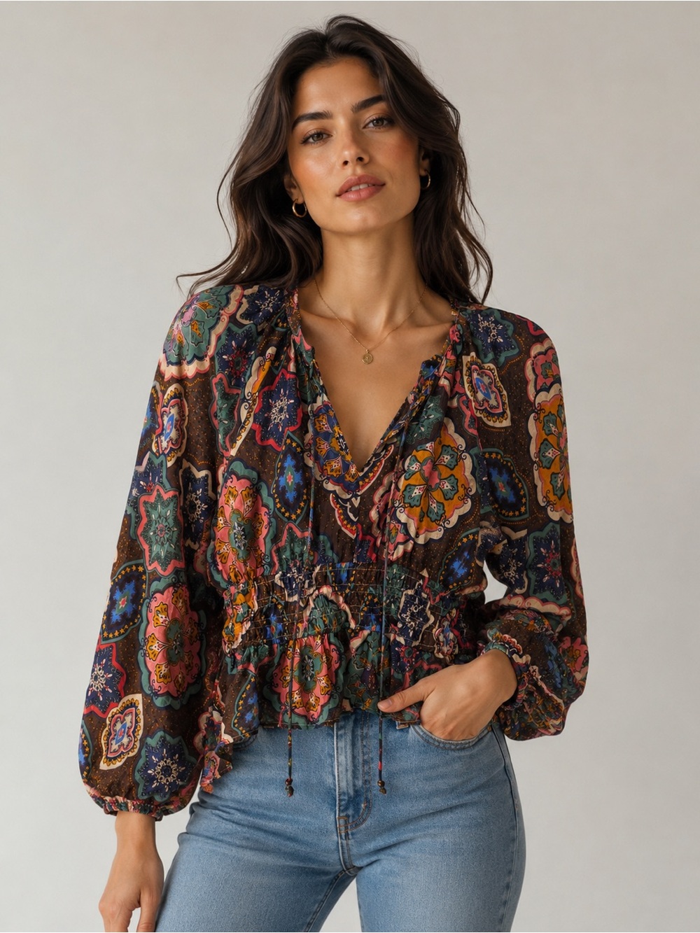 Ellison Multicolor Floral Smocked V-Neck Blouse